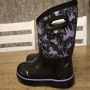 Bogs Black and Purple Rain Boots with Floral Design